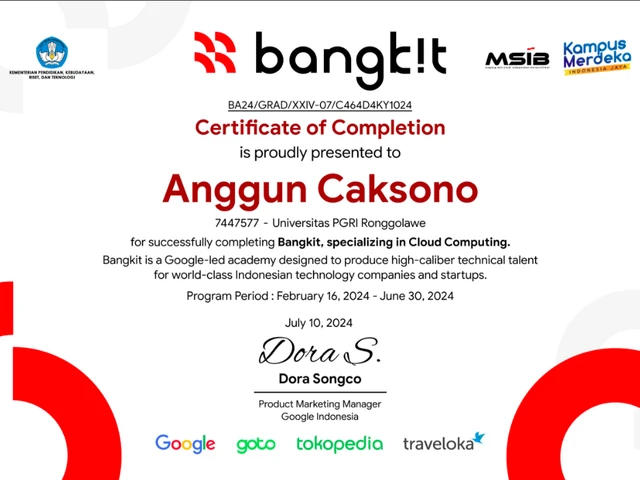 Graduated from Bangkit 2024, a Google-led program in collaboration with GoTo, Tokopedia, and Traveloka in Cloud Computing learning path
